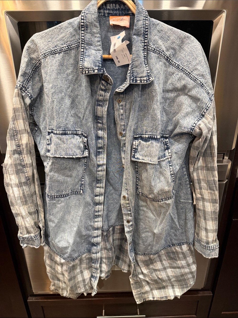Acid Wash Denim & Plaid Button-Up Jacket - Light Blue